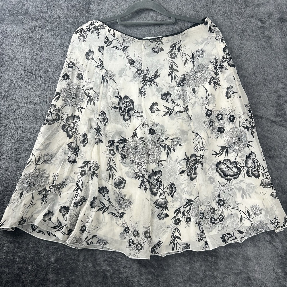 White House Black Market 100% Silk Floral A-Line Midi Skirt Black White Size 6